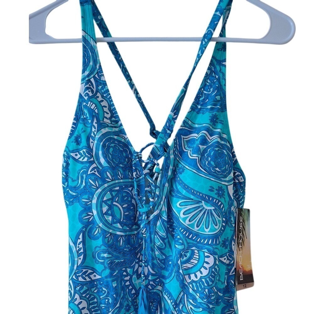 Beach House Swim Tankini NEW sz 12 Blue Lace Up Boho Swimwear NWT (MSRP $72)